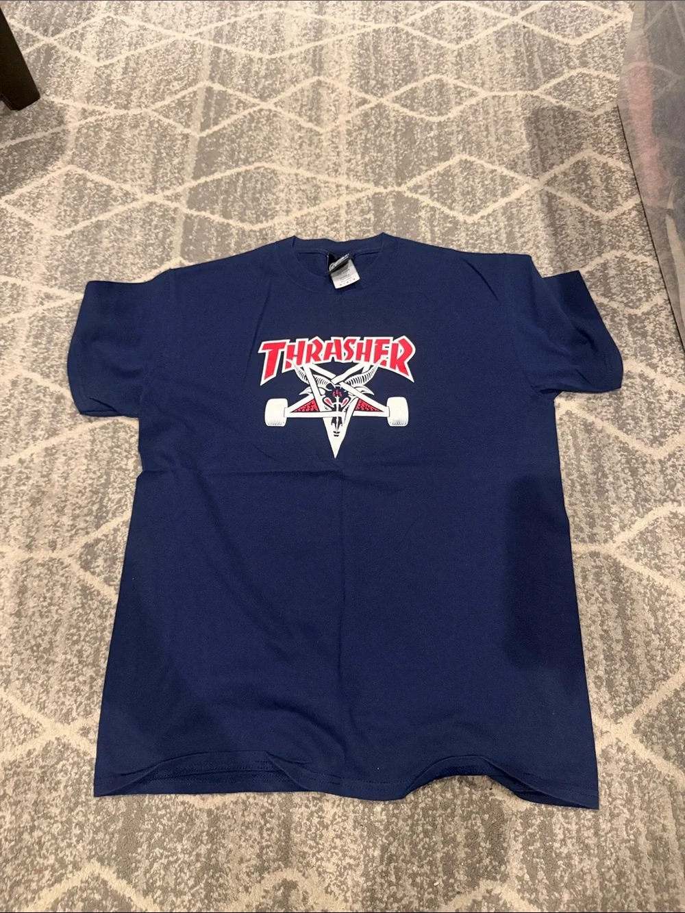 Thrasher Navy Blue Short Sleeve Tee with Red & White Logo